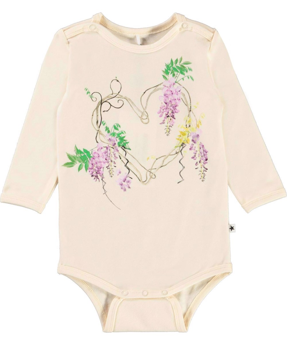 Foss - Wisteria Heart - Ljusrosa ekologisk babybody med blåregn i hjärtform.