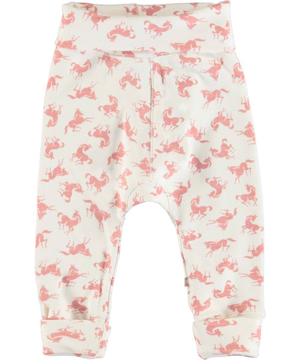San - Mini Horse Rose - Ekologiska vita babybyxor med hästar.