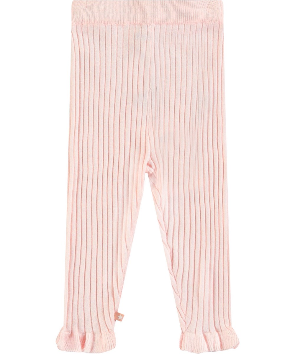 Sanne - Charlotte Pink - Rosa stickade byxor med delikata volangkanter i mjukt ribbat material för baby.