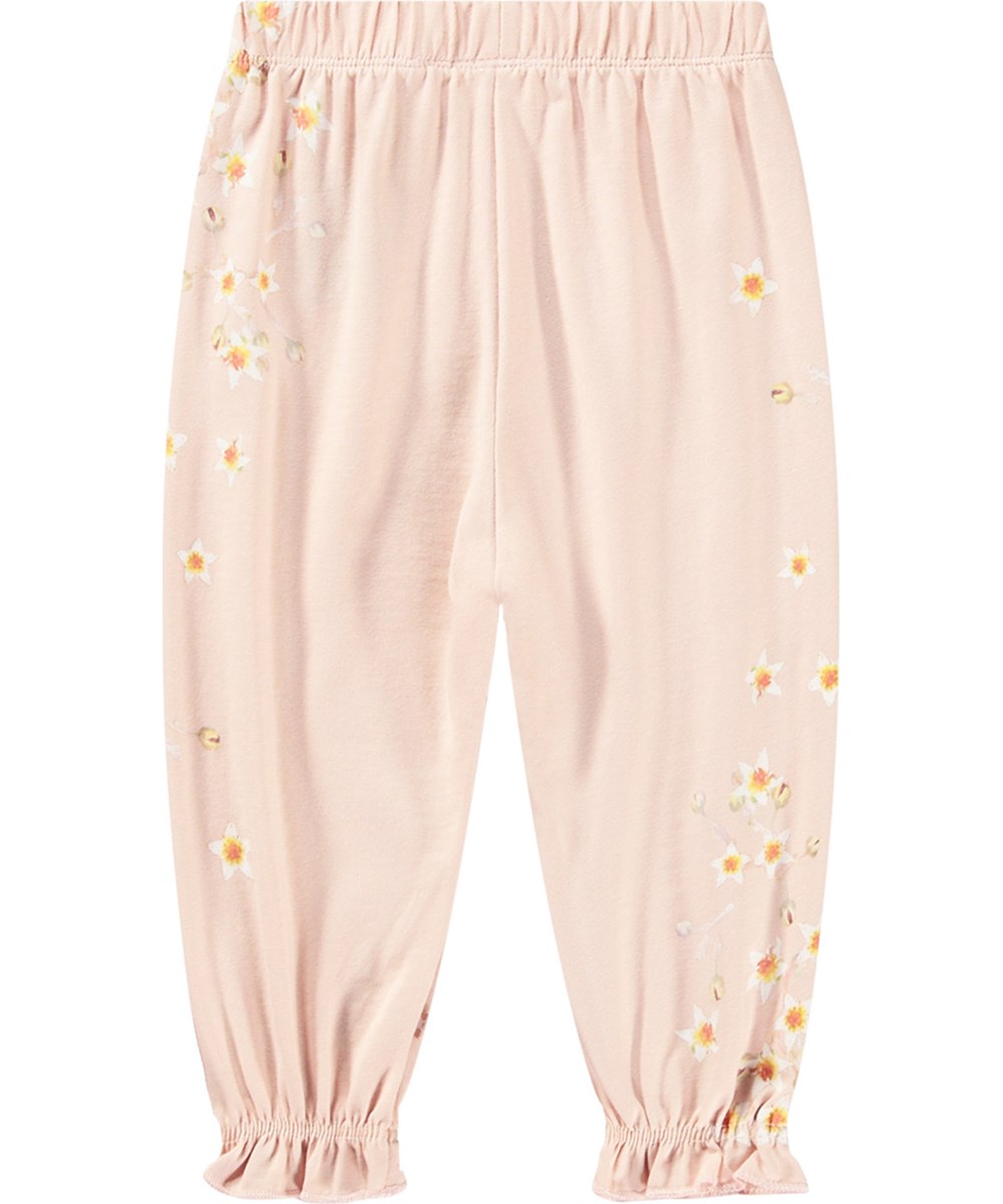 Selena - Little Flowers - Rosa ekologiska bomullsbyxor i jersey med tryck av vita blommor.