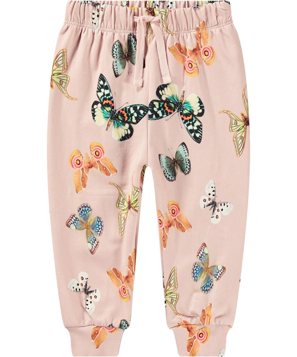 Simeon - Blush Papillions - Rosa ekologiska bomullsbyxor med gummiband i midjan, ribbstickade muddar och fjärilsprint.