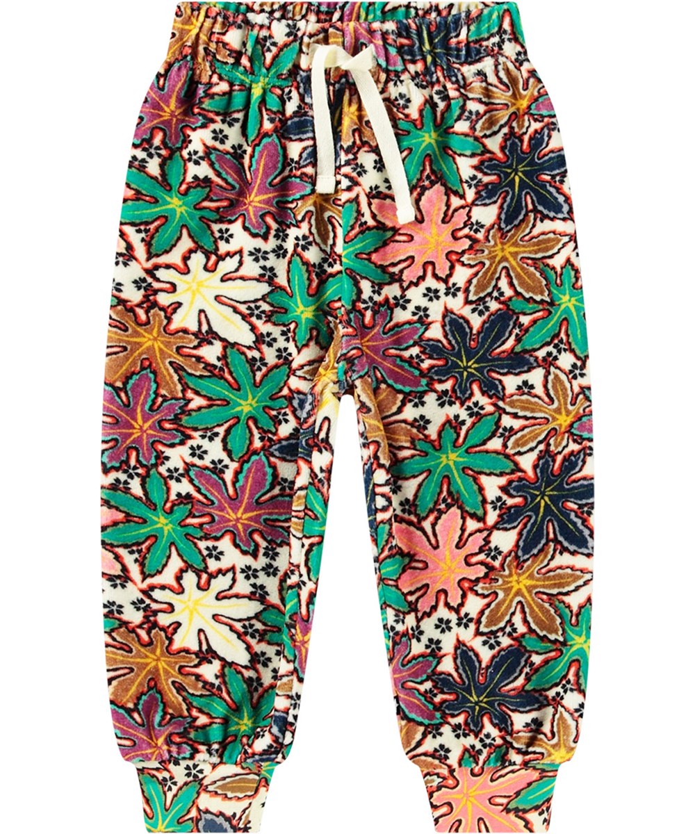 Simeon - Leafy Light - Multifärgade ekologiska bomullsvelour sweatpants med lönnlövsprint för barn.
