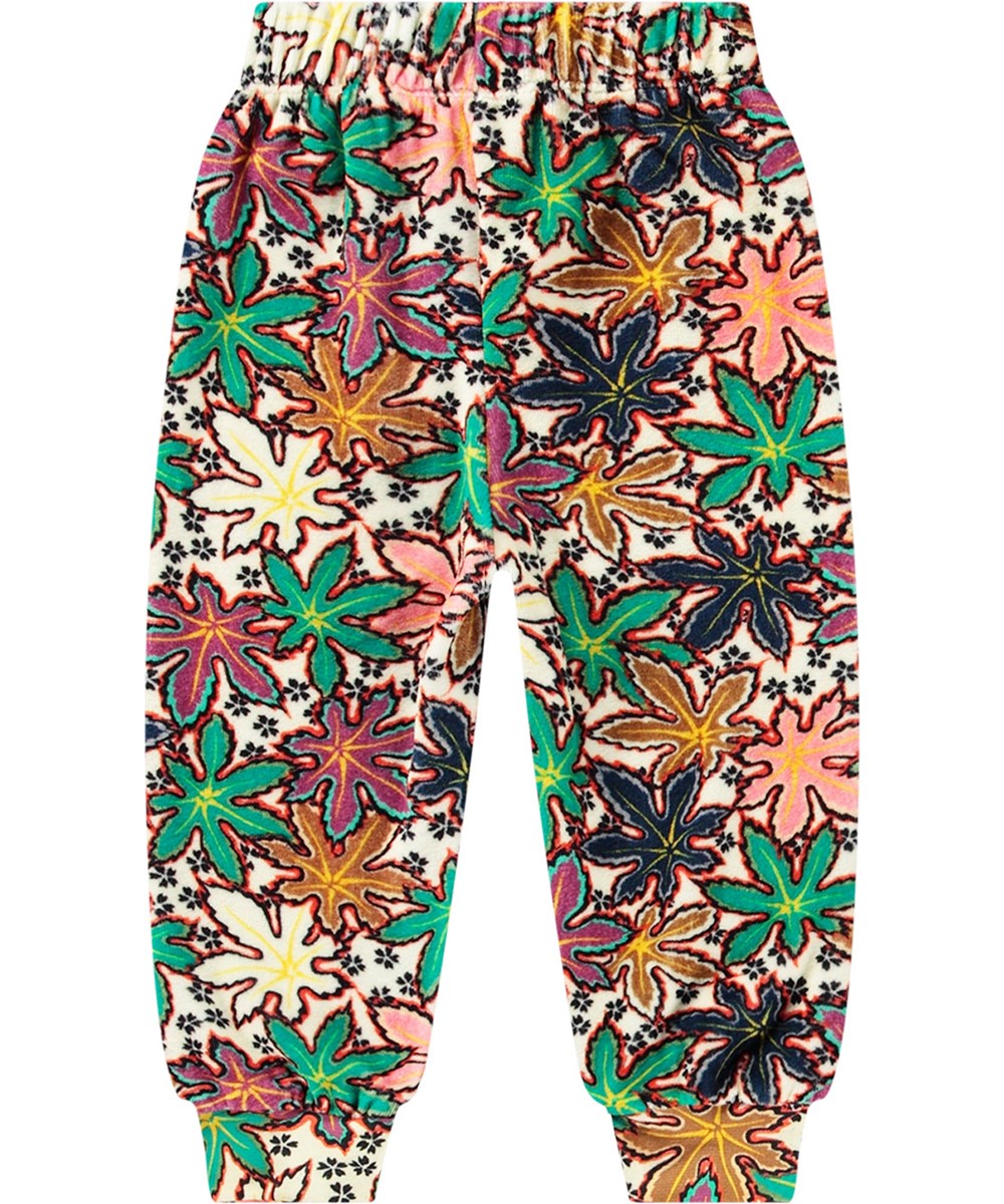 Simeon - Leafy Light - Multifärgade ekologiska bomullsvelour sweatpants med lönnlövsprint för barn.