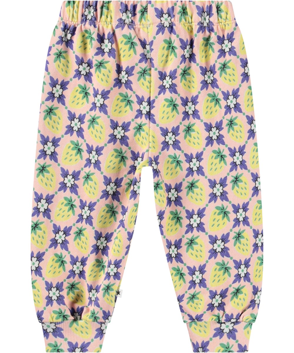 Simeon - Vintage Berries - Mjuka byxor i ekologisk bomull för baby med jordgubbar och blommor.