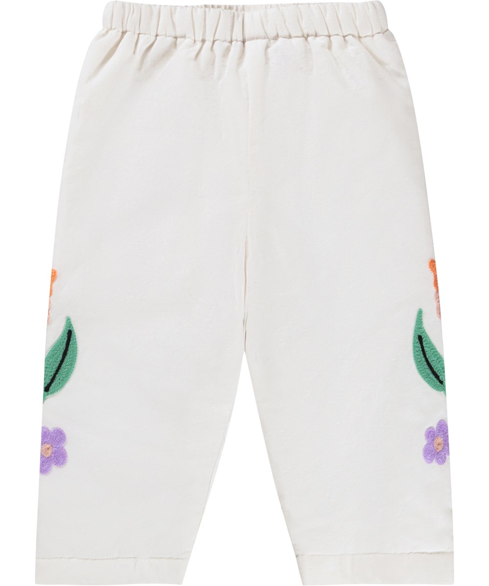 Soul - Meadow Flowers - Vita bomullsbyxor för baby med blomsterbroderi.