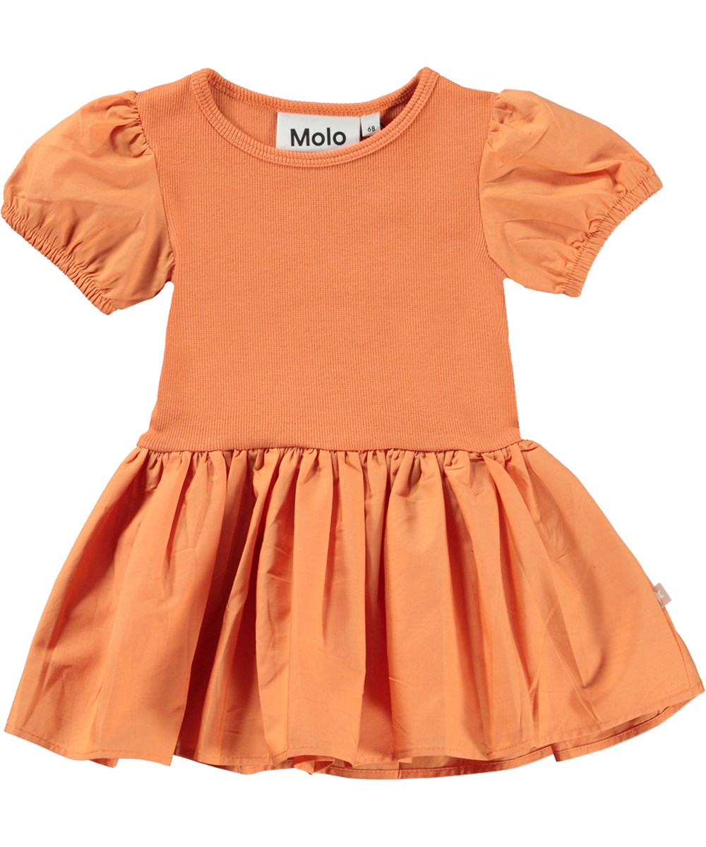 Caitlin - Peach - Ekologisk orange babyklänning med poplinkjol.