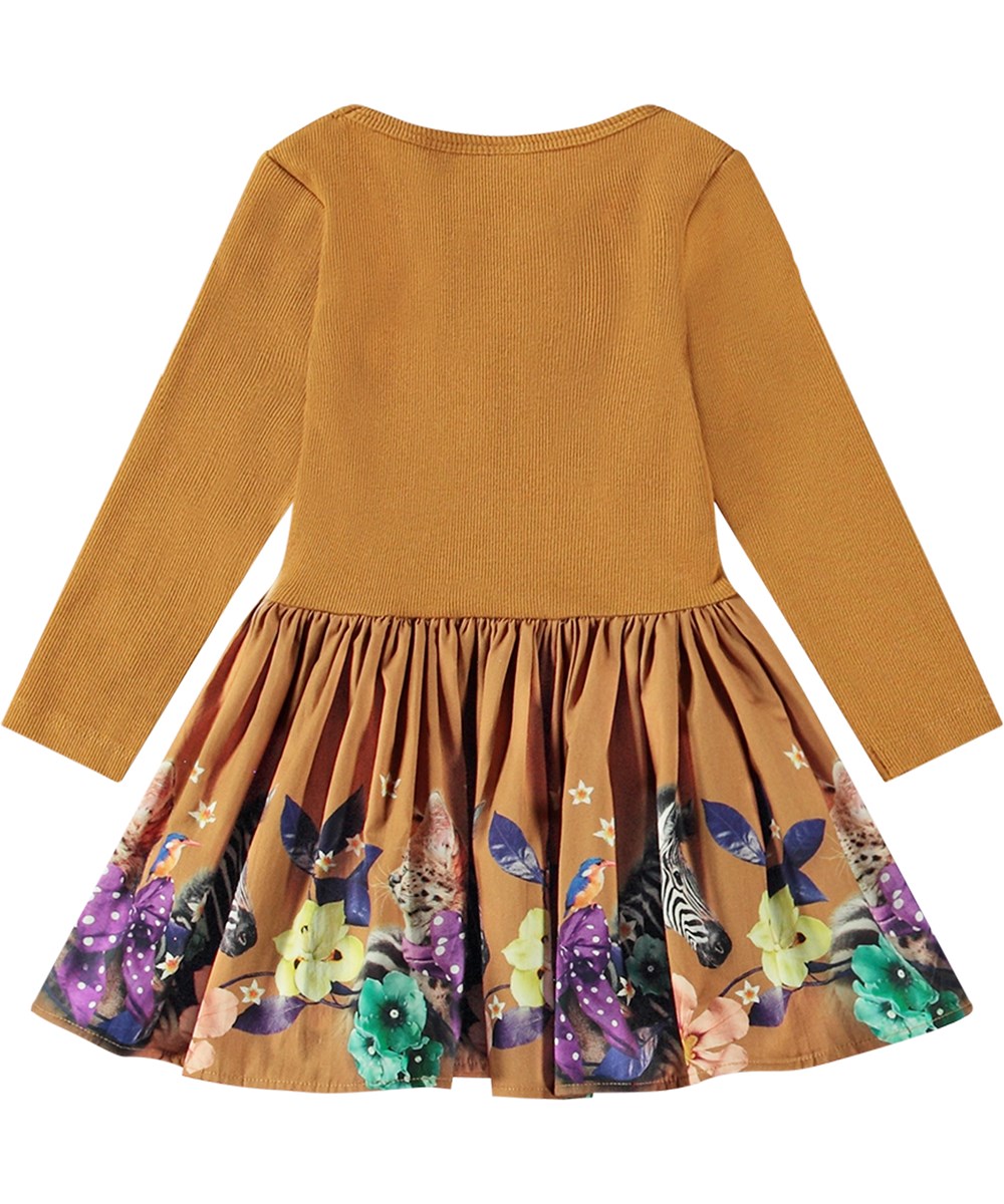 Candi - Friendly Zebra - Brun långärmad klänning i ekologisk bomull med zebrafärgade katter och färgglada blommor