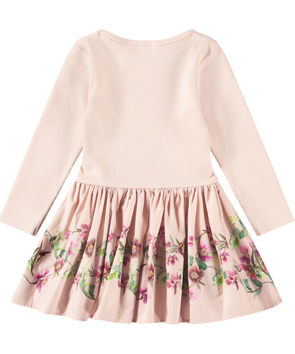 Candi - Mini Hellebore - Beige klänning i ekologisk bomull med tajt ribbad topp och kjol i poplin med blommigt tryck.