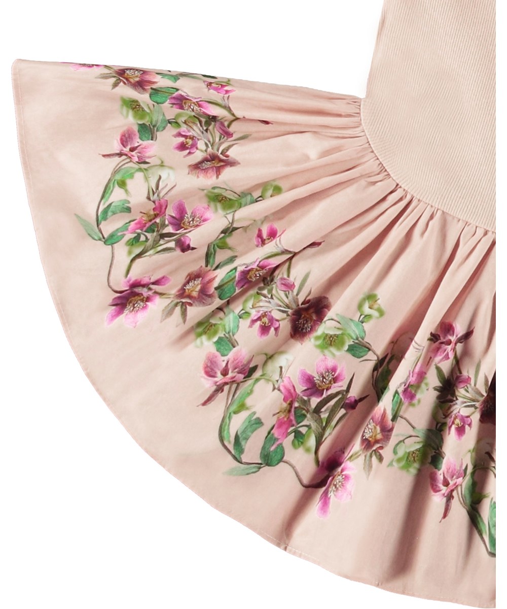 Candi - Mini Hellebore - Beige klänning i ekologisk bomull med tajt ribbad topp och kjol i poplin med blommigt tryck.