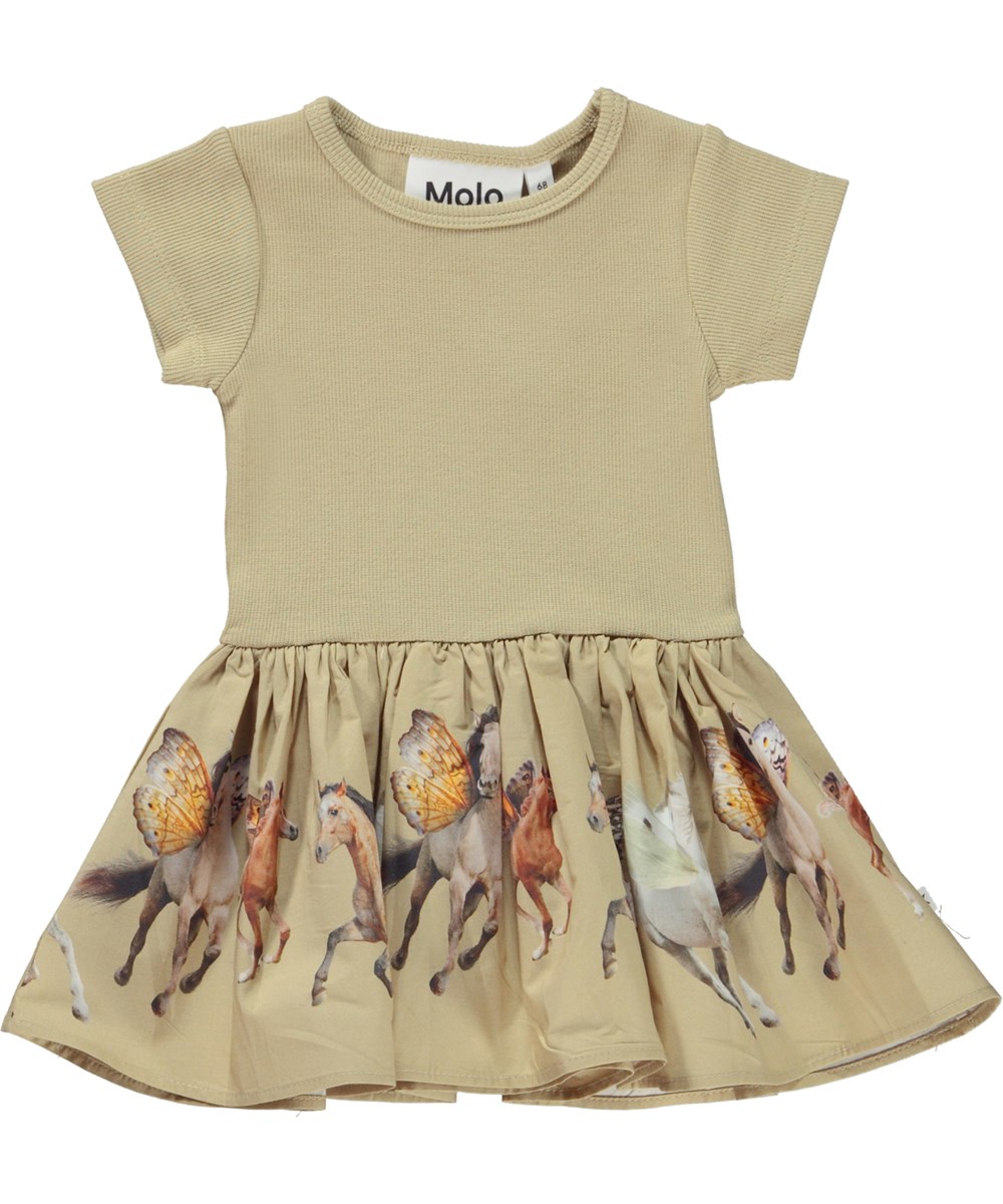 Carin - Fairy Ponies - Ekologisk beige babyklänning med poplinkjol.