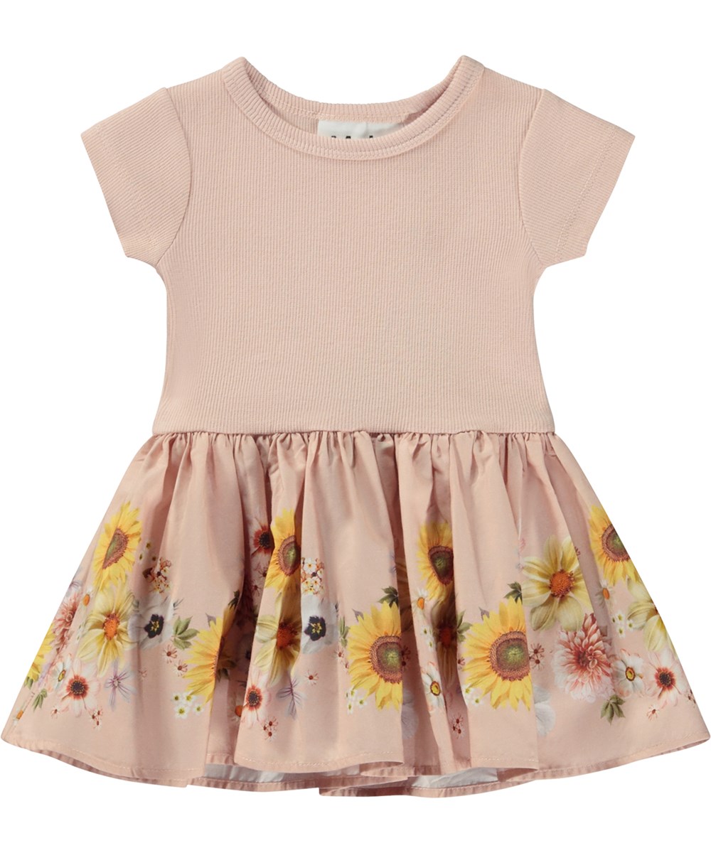 Carin - Retro Stripe - Ekologisk rosa klänning med blommor.