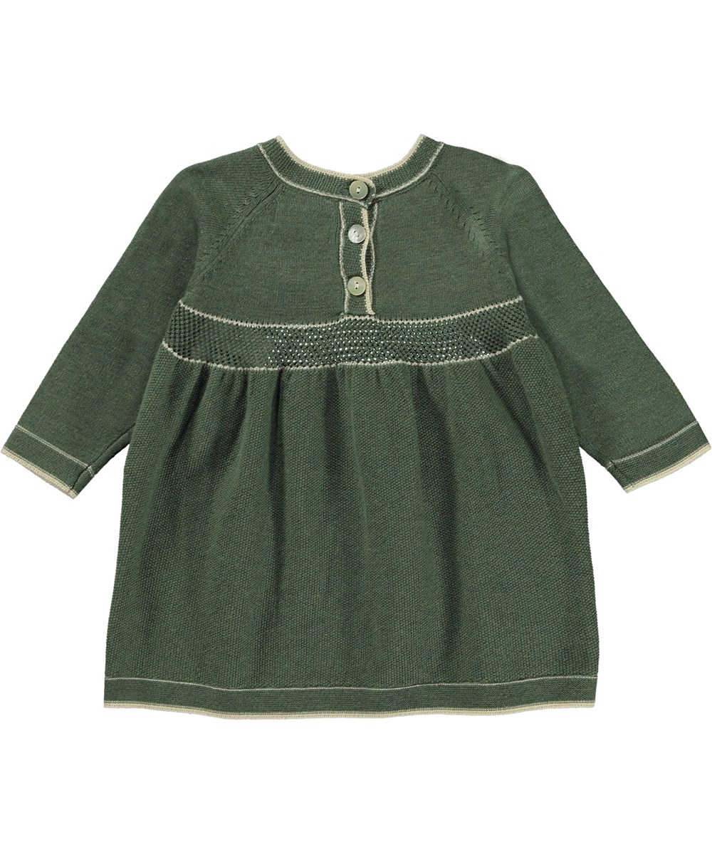 Charlotte - Moss Green - Mörkgrön stickad babyklänning med långa ärmar.