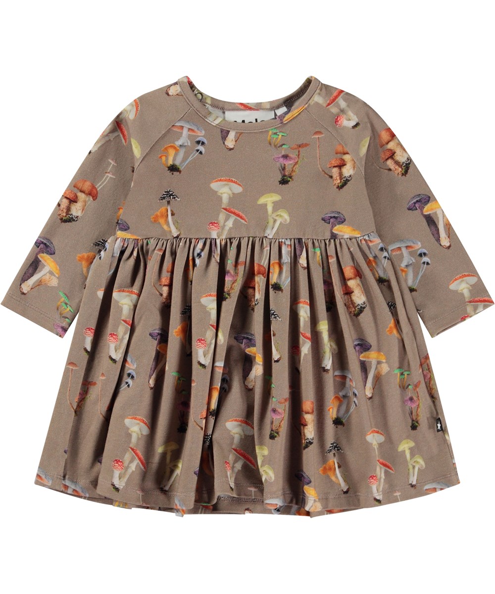 Charmaine - Mini Fungi - Ekologisk babyklänning i beige med svampar.