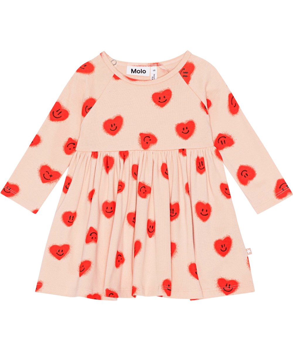 Charmaine - Red Hearts_ Jersey - Rosa ekologisk klänning till baby med hjärtan.