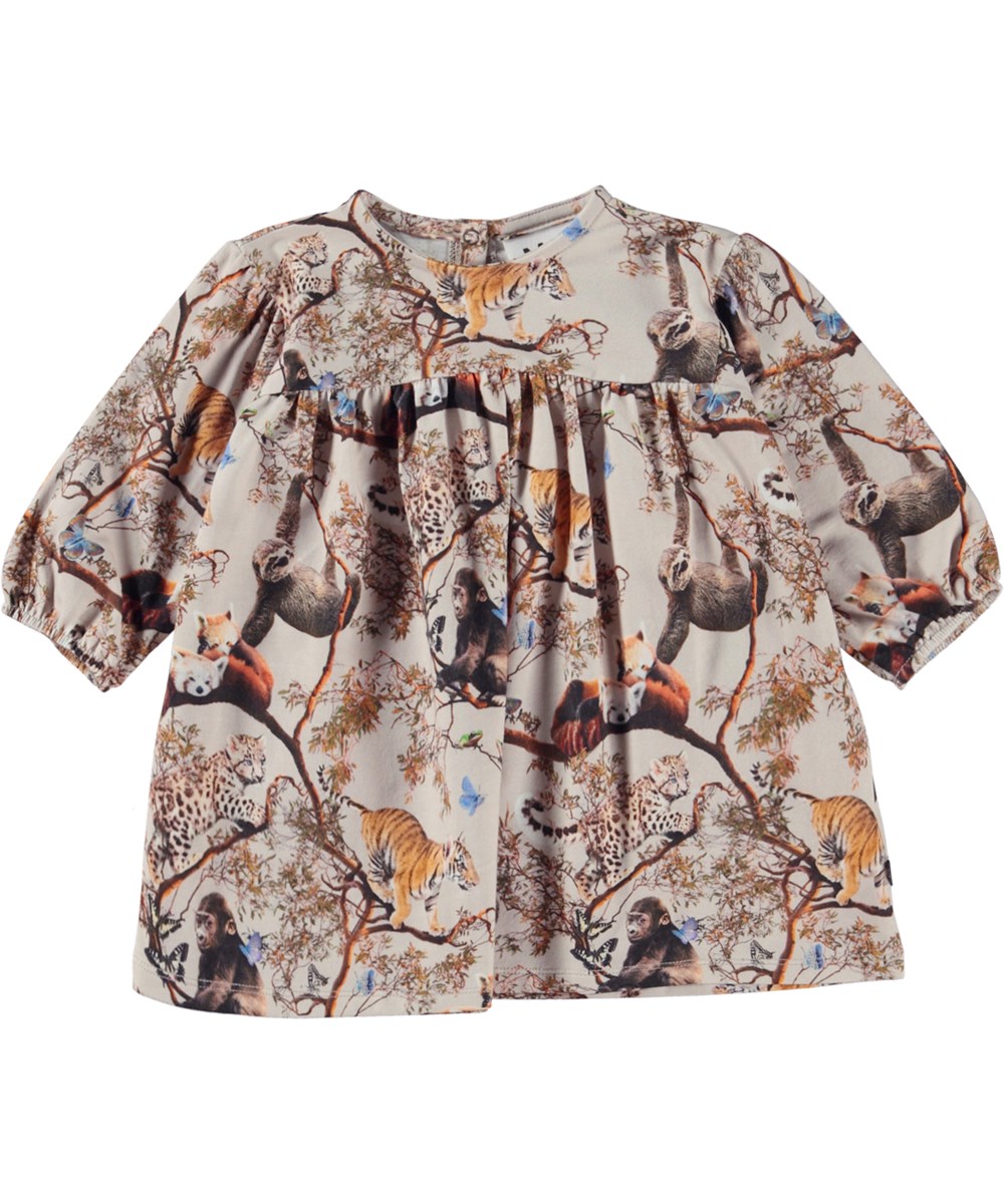 Coral - Cubs Harmony - Ekologisk beige babyklänning med djurungar.