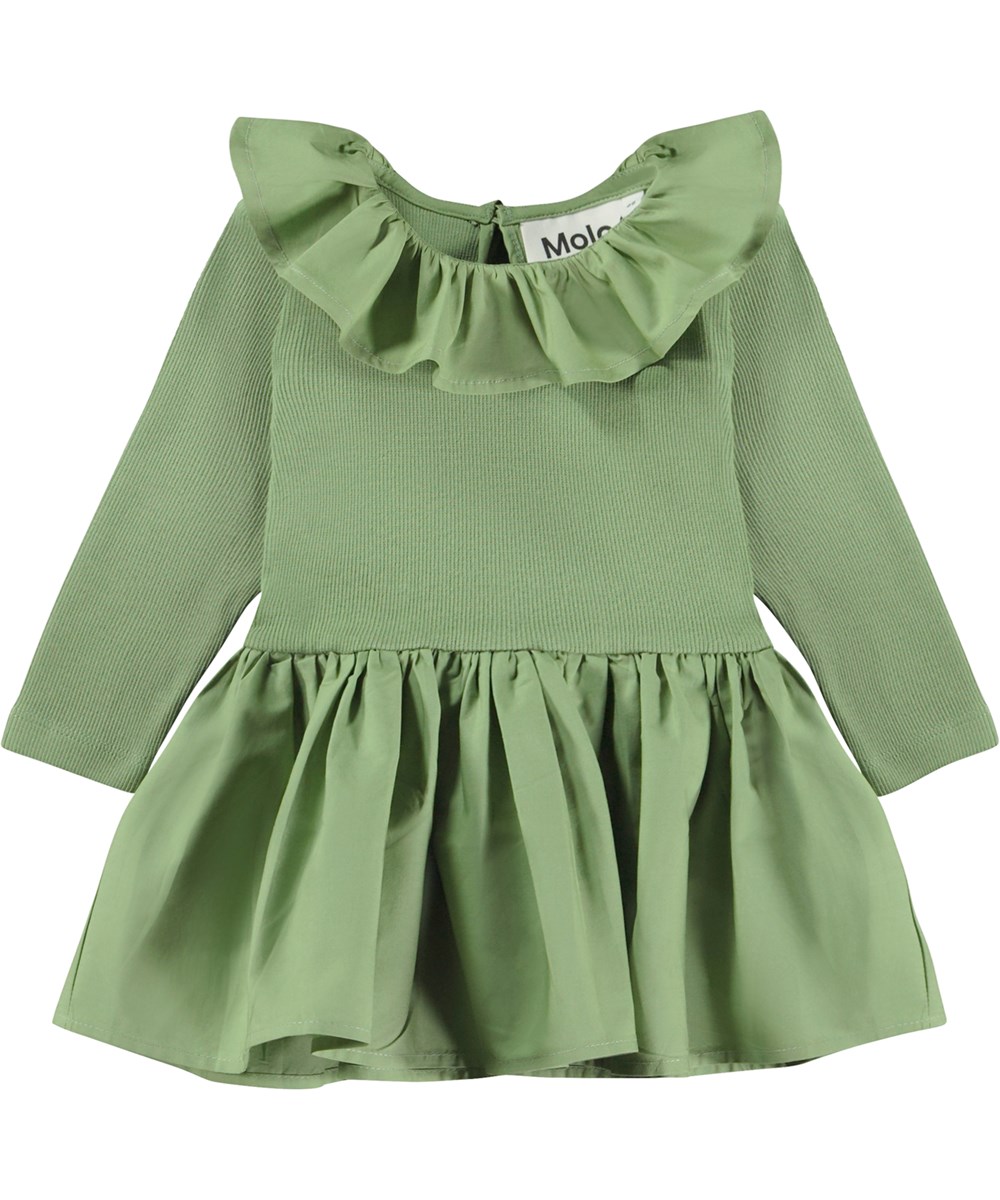 Crystala - Moss Green - Ekologisk grön babyklänning med krage.