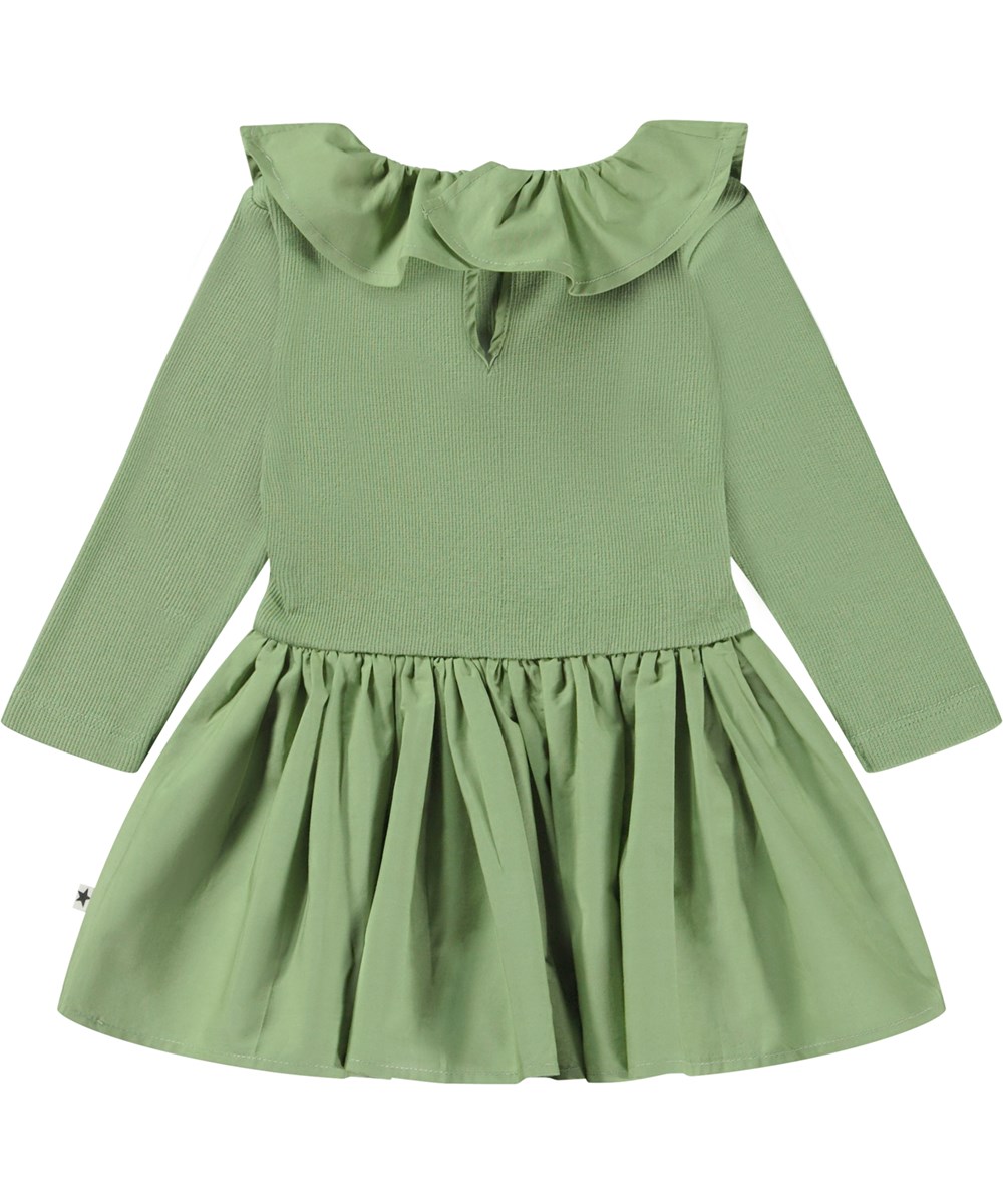 Crystala - Moss Green - Ekologisk grön babyklänning med krage.