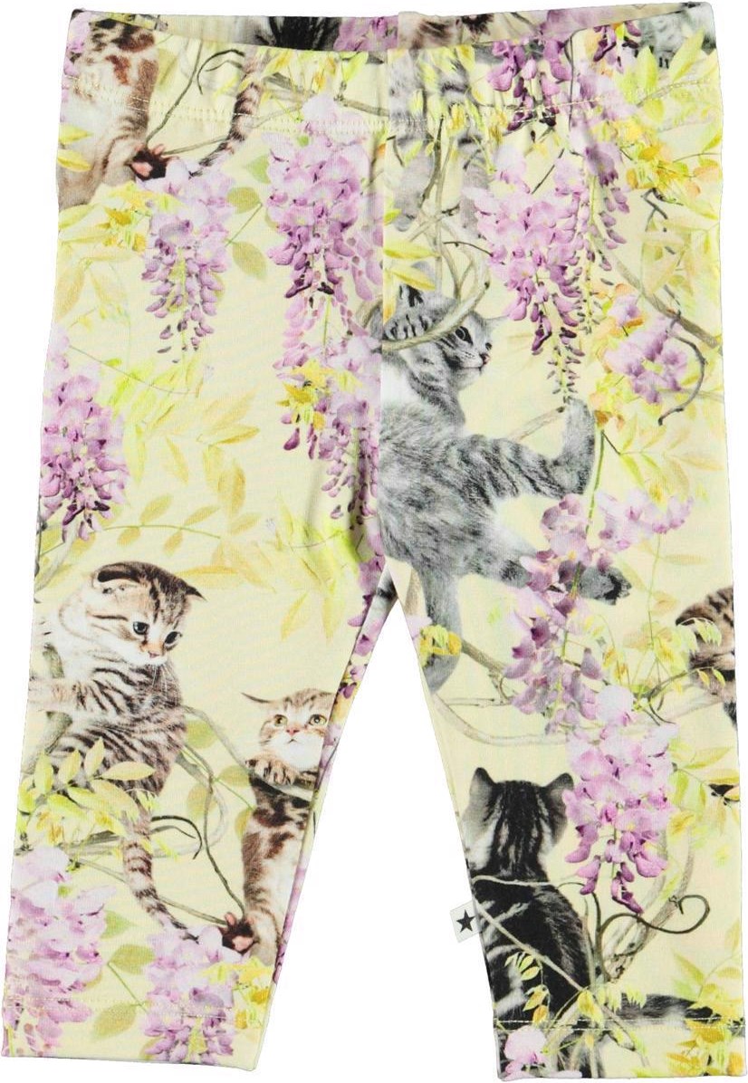 Stefanie - Clumsy Cuteness - Ljusgula ekologiska babyleggings med blåregn och kattungar.