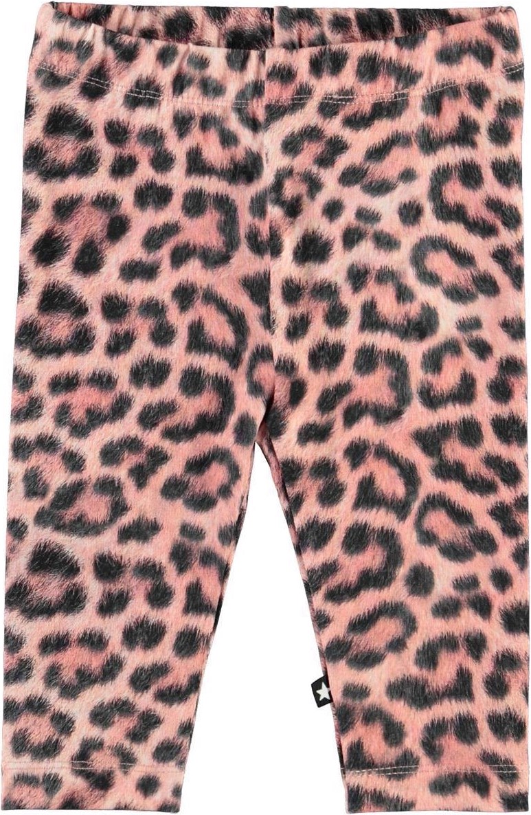 Stefanie - Rose Jaguar - Ekologiska babyleggings med rosa leopardmönster.