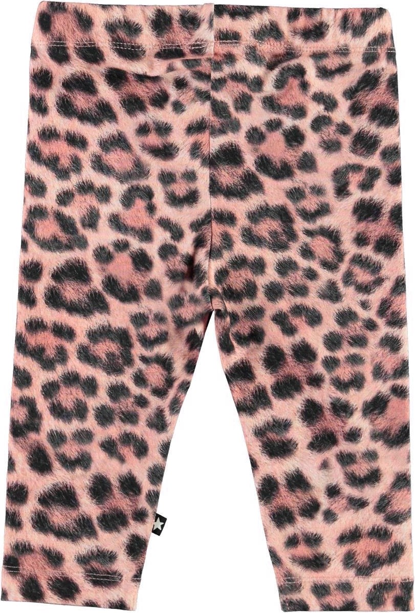 Stefanie - Rose Jaguar - Ekologiska babyleggings med rosa leopardmönster.