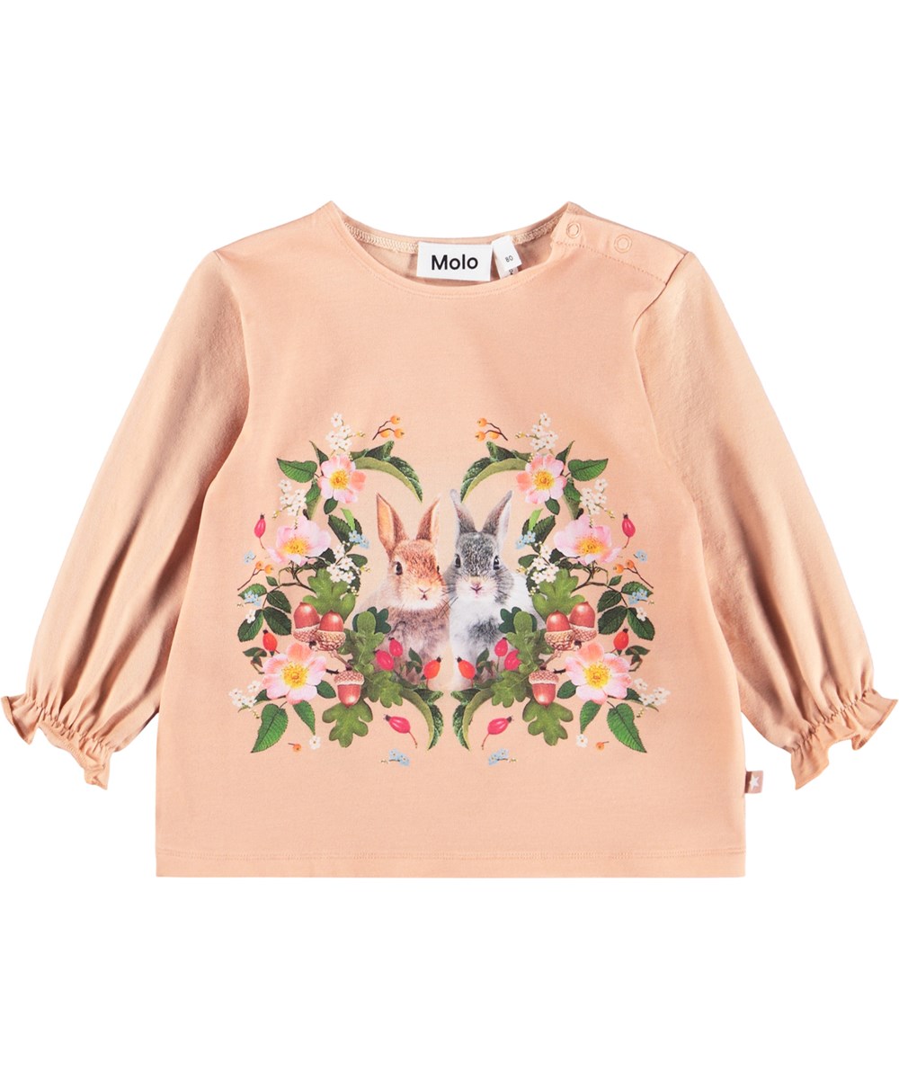 Elina - Bunny Rose - Rosa långärmad blus i ekologisk bomull för baby med kaniner och blommor.