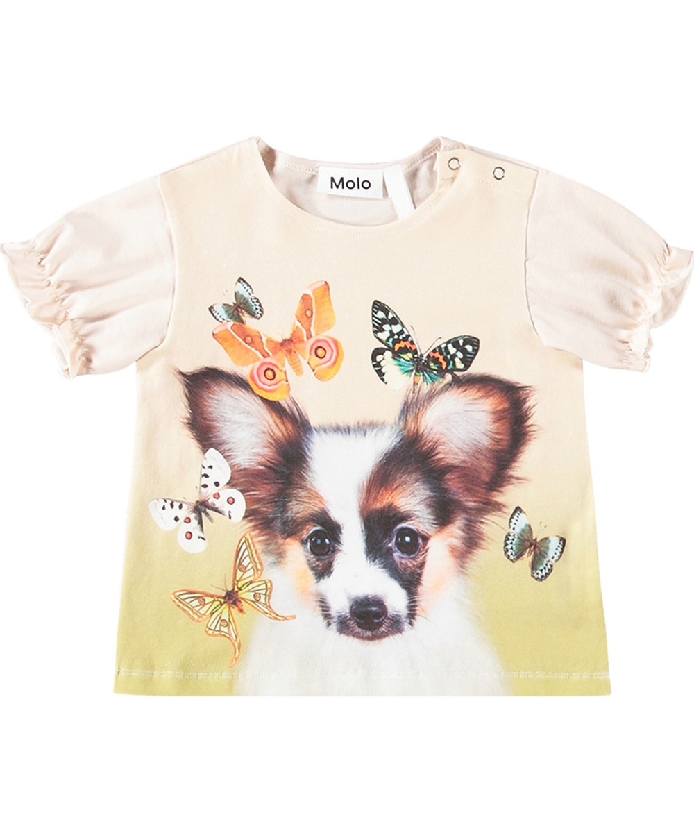 Eline - Papillon Puppy - Mjuk ekologisk beige T-shirt för de små med sött hundtryck.
