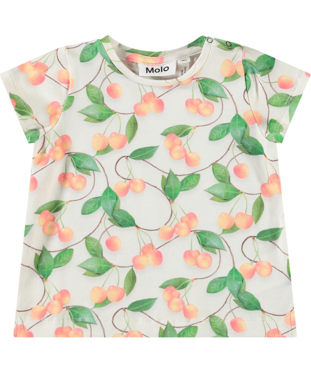 Elly - Sweet Cherries - T-shirt i mjuk ekologisk bomull för baby. T-shirten är ljusgrå med körsbärsprint.