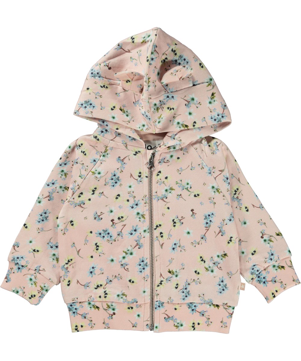 Dorothy - Mini Blue Flowers - Ekoo+logisk rosa babyhoodie med öron och blommor.