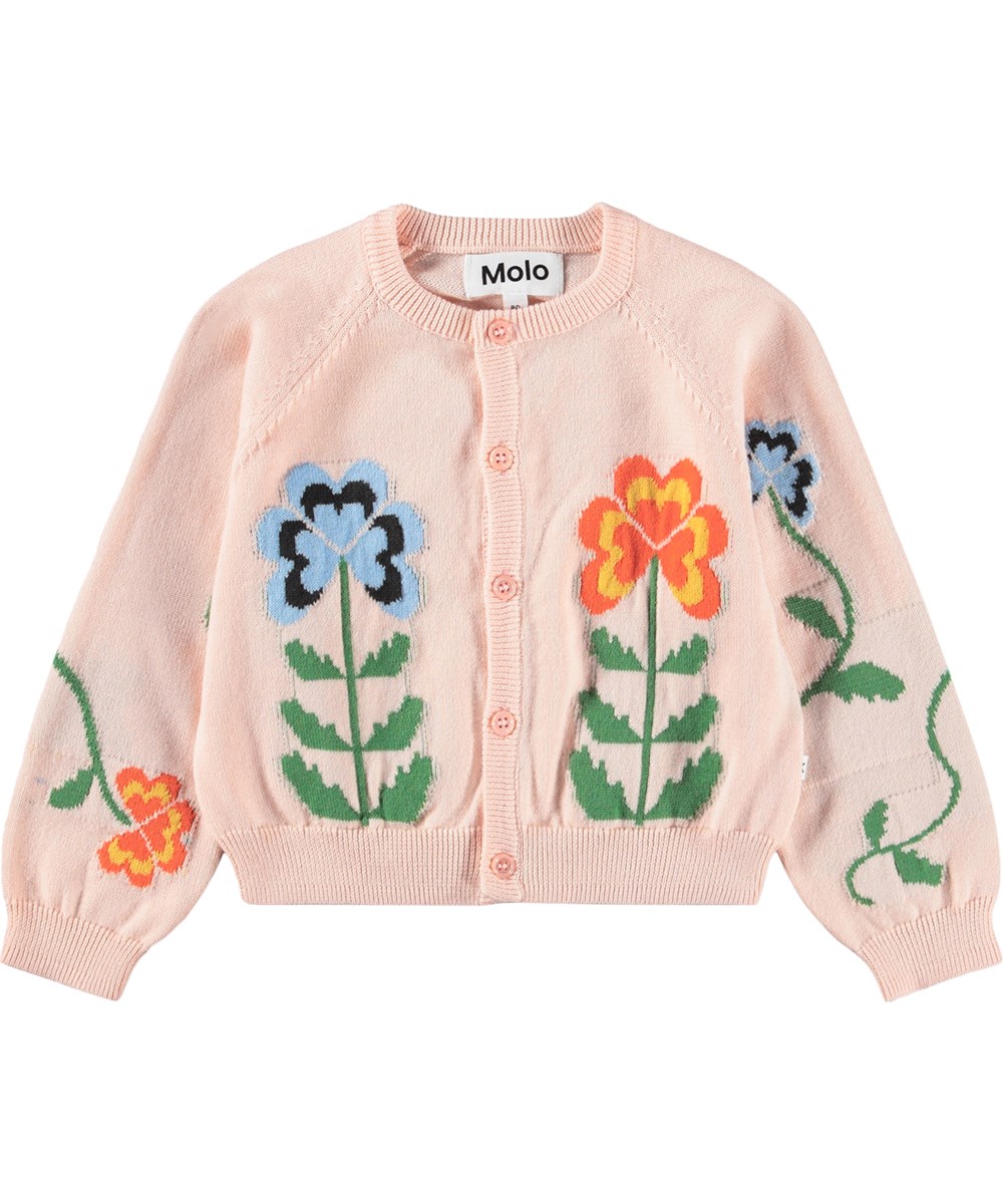 Gert - Folklore Garden - Rosa stickad kofta för de små i ekologisk bomull med blommor