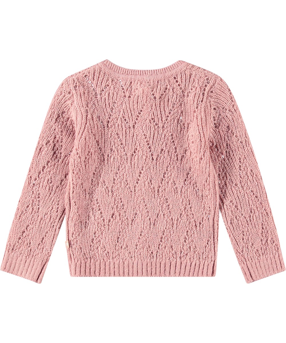 Gilli - Petal Blush - Ljusrosa stickad kofta med mönstrad stickning och ribbstickade muddar.