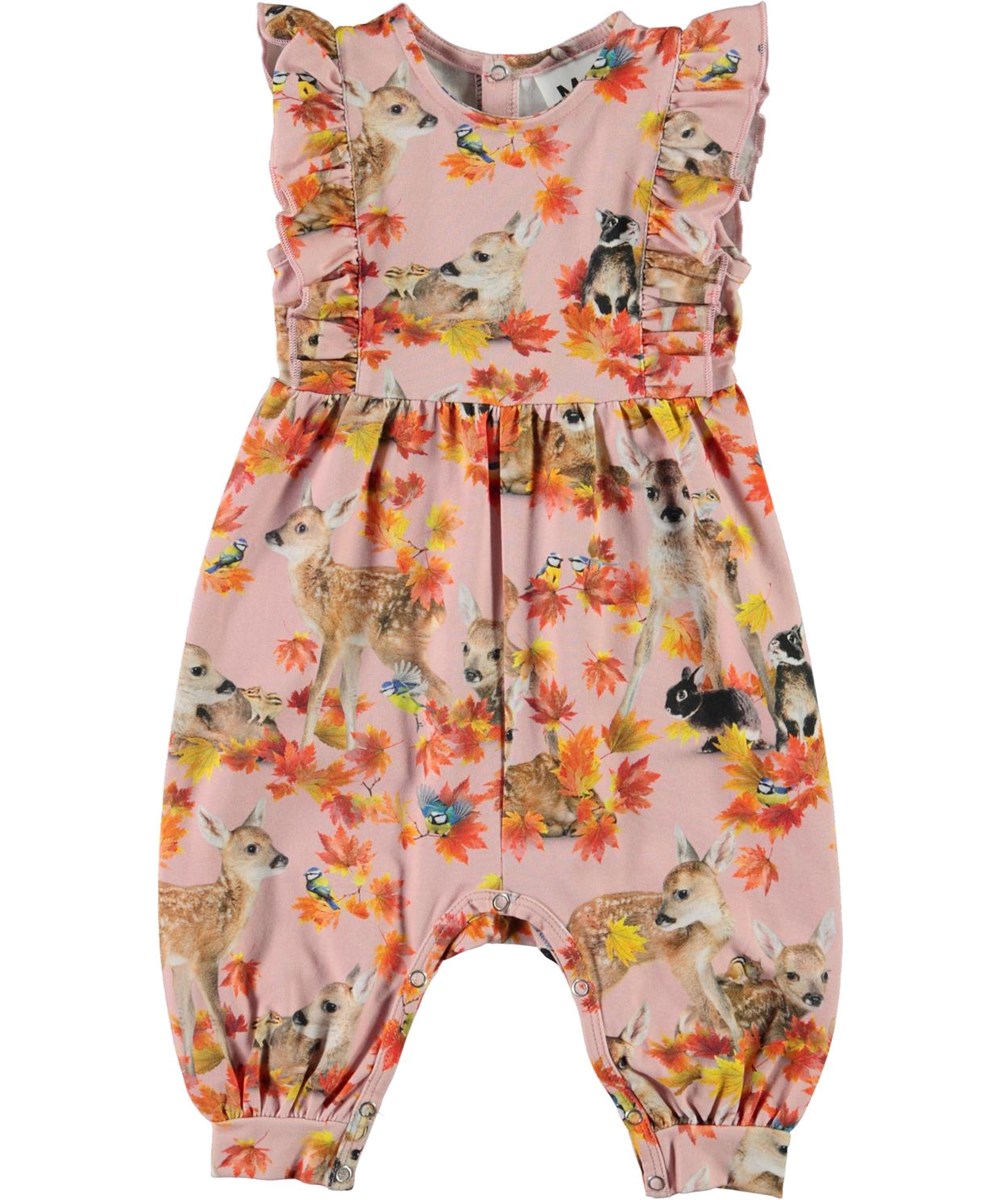 Fallon - Autumn Fawns - Pink organic baby romper with deer and rabbits 