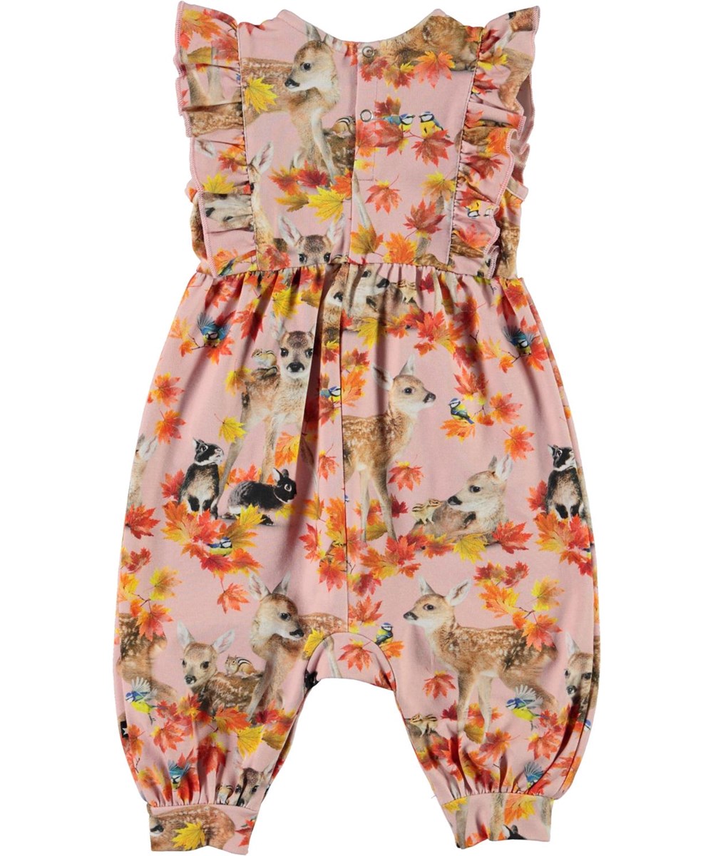 Fallon - Autumn Fawns - Pink organic baby romper with deer and rabbits 