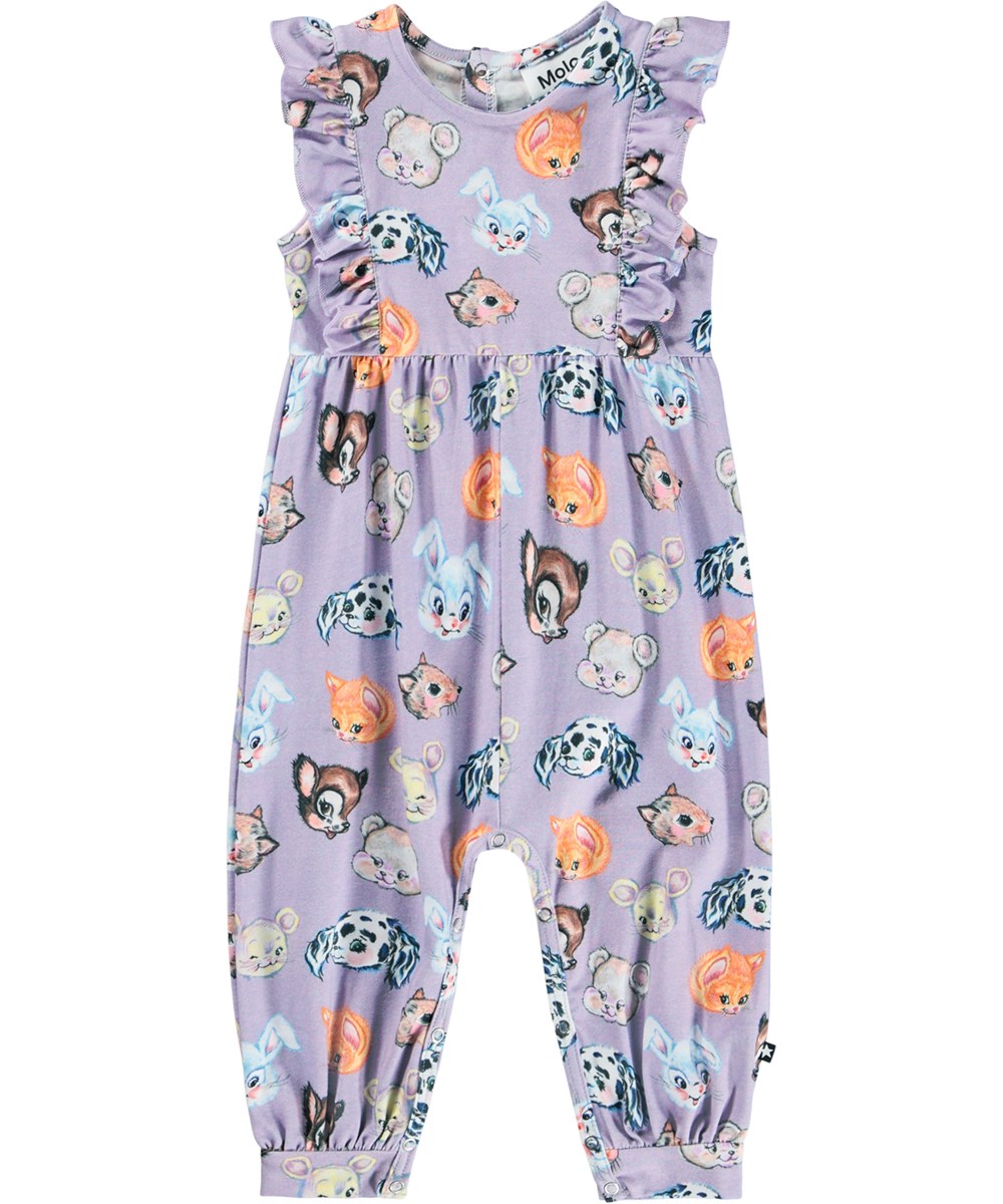 Fallon - Itty Bitty - Purple jumpsuit for the littlest ones made of soft organic cotton without sleeves and a print of colorful cartoon animals.