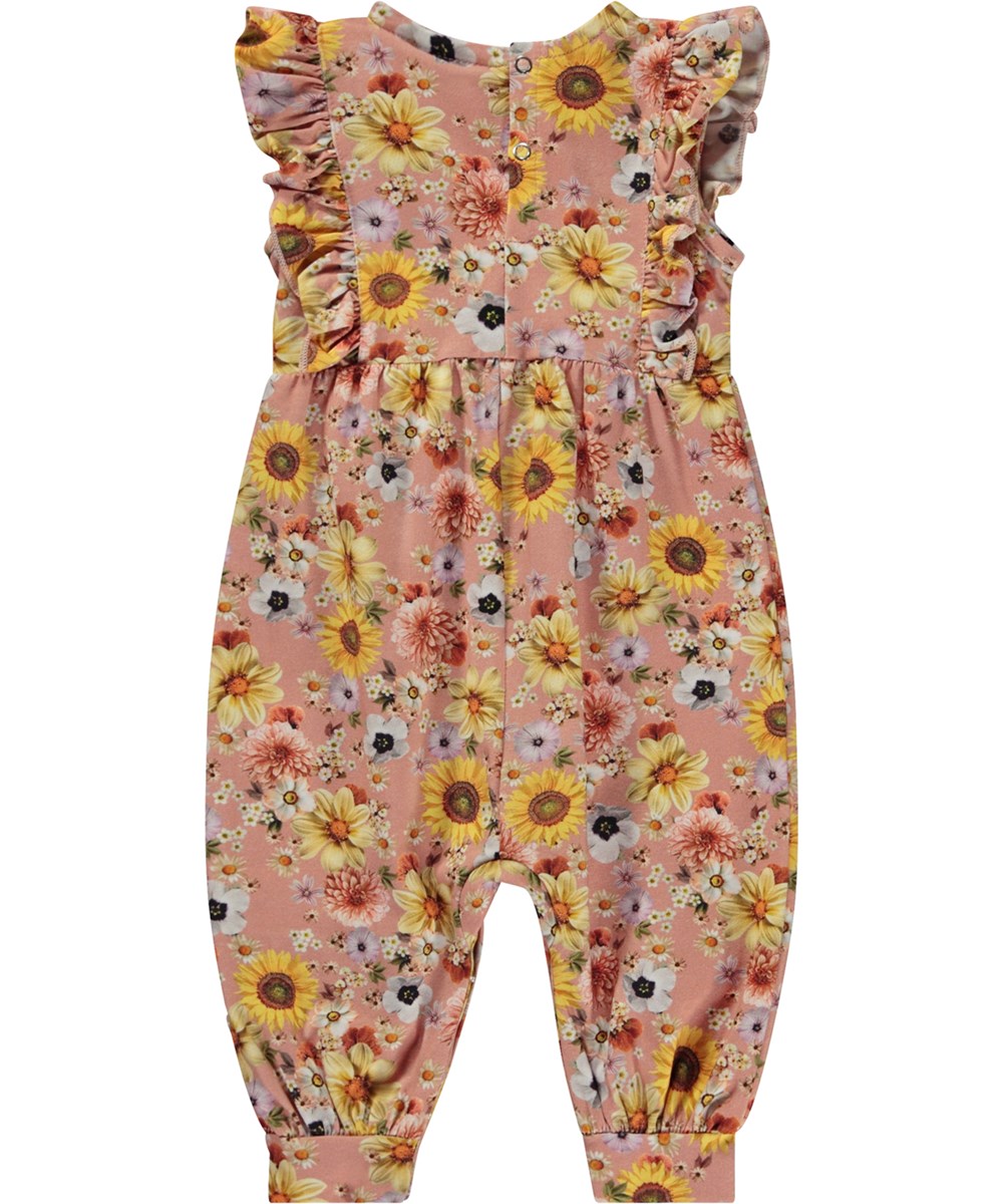 Fallon - Mini Floral - Pink organic baby romper with mushroom print and ruffles 