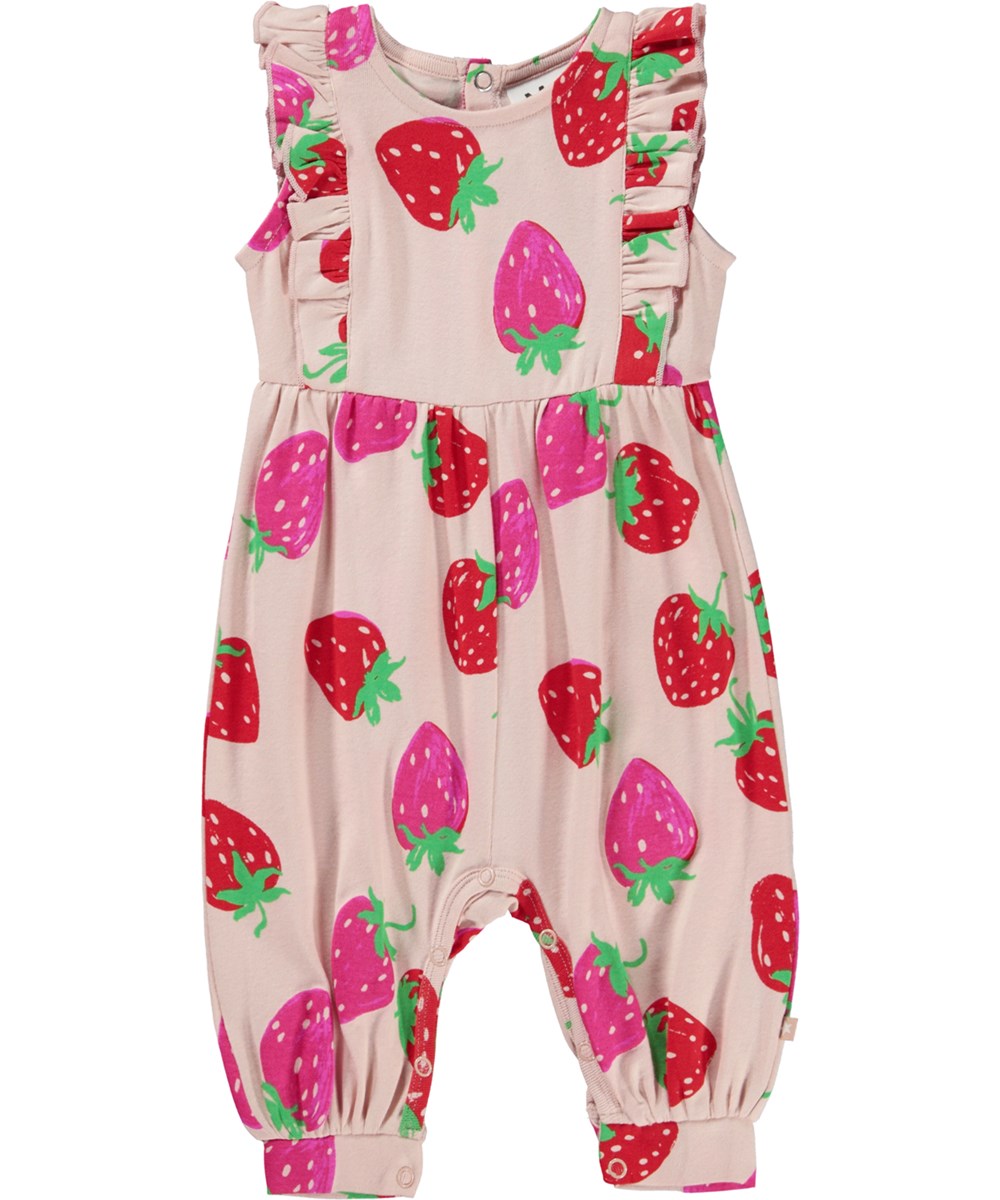 Fallon - Strawberries Mini - Organic baby romper with ruffles and strawberry print 