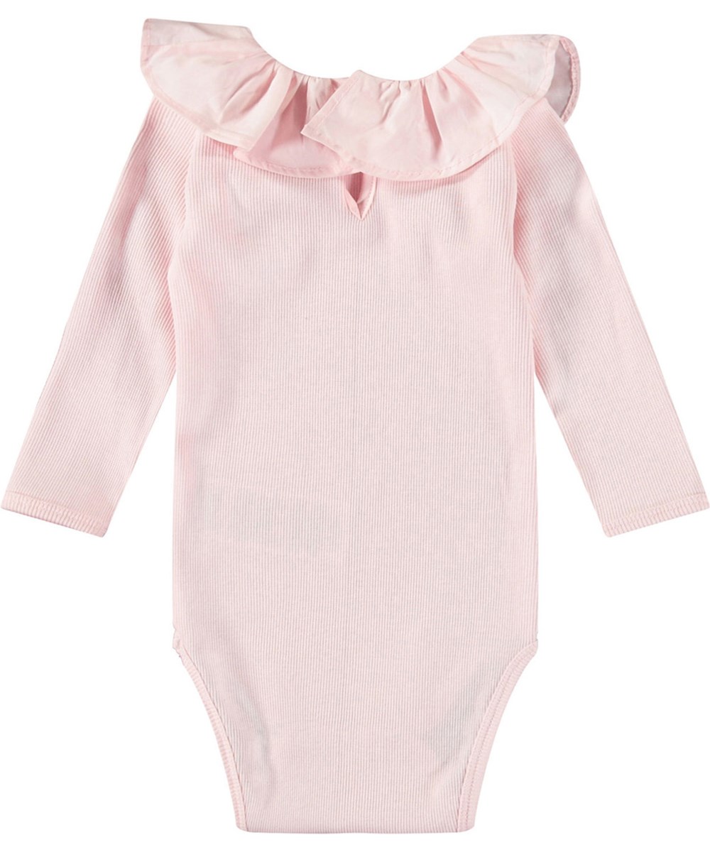 Faye - Charlotte Pink - Pink long-sleeved bodysuit in ribbed organic cotton for baby.