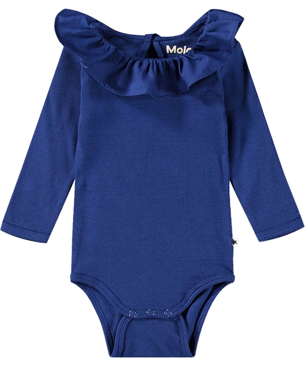 Faye - Vibrant Blue - Navy long-sleeved baby bodysuit in ribbed organic cotton with a poplin collar and press studs at the back and between the legs.