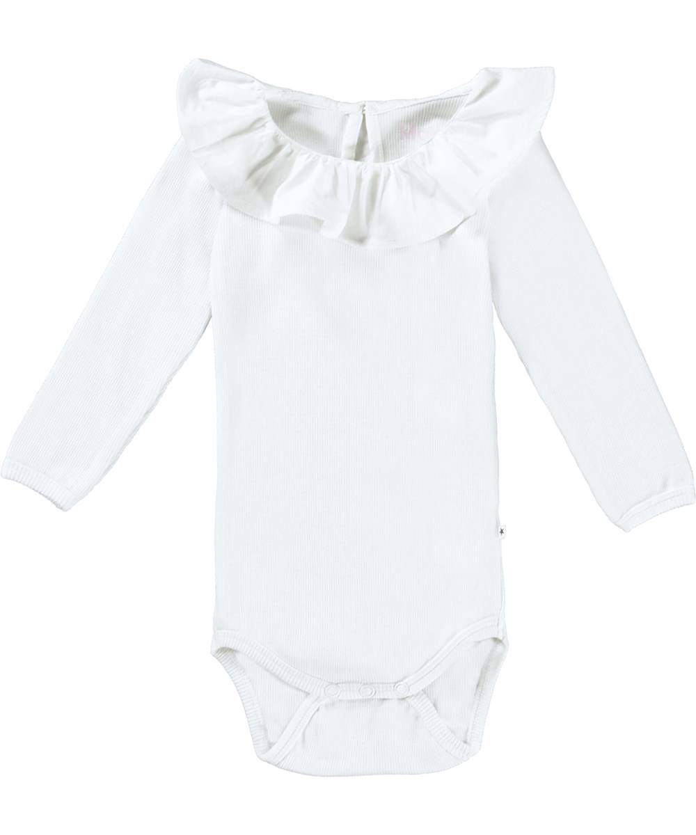 Faye - White - Long sleeve, white baby bodysuit in organic cotton rib with a sweet poplin collar