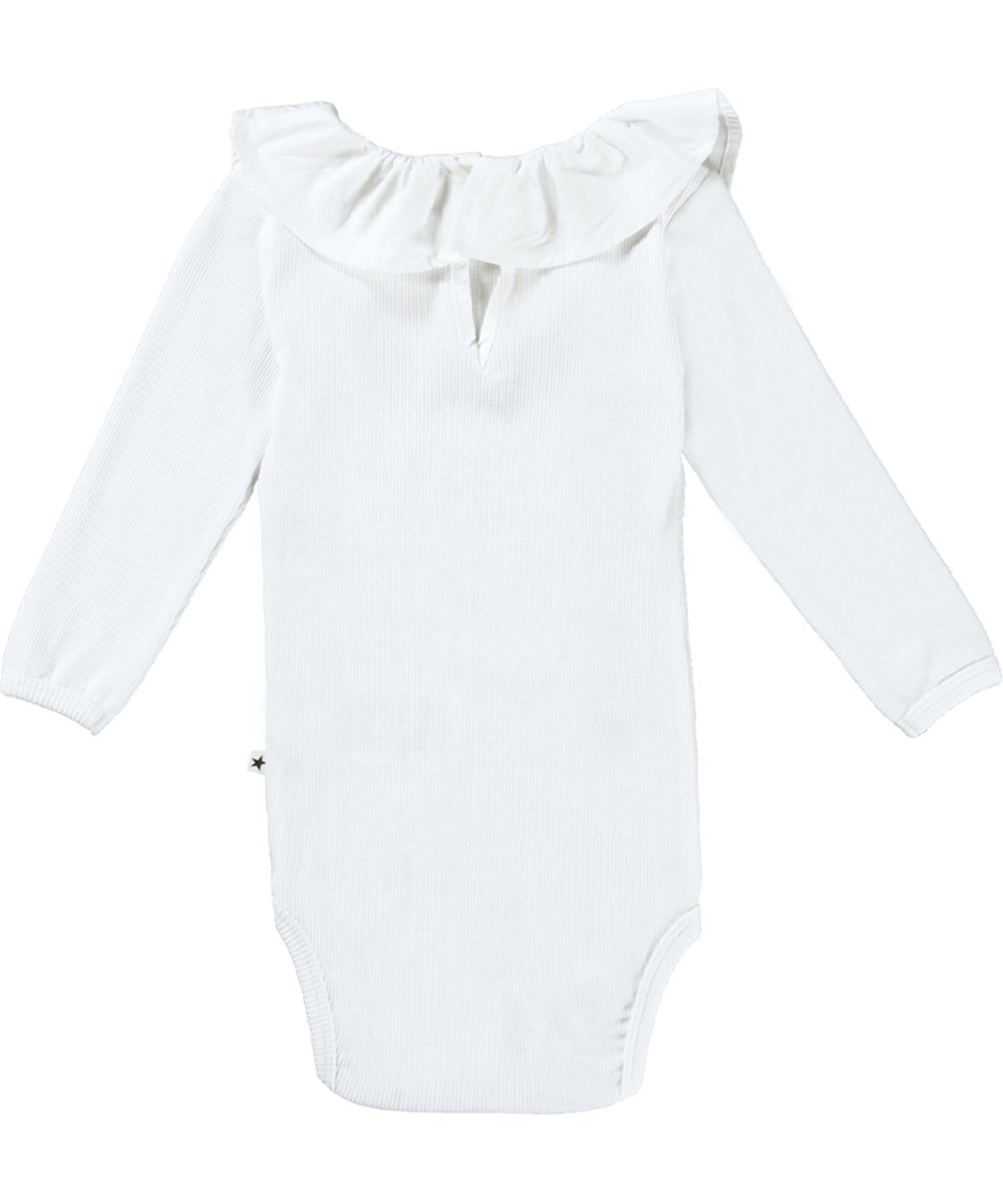Faye - White - Long sleeve, white baby bodysuit in organic cotton rib with a sweet poplin collar