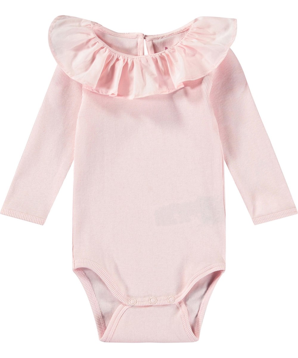 Faye - Charlotte Pink - Pink long-sleeved bodysuit in ribbed organic cotton for baby.