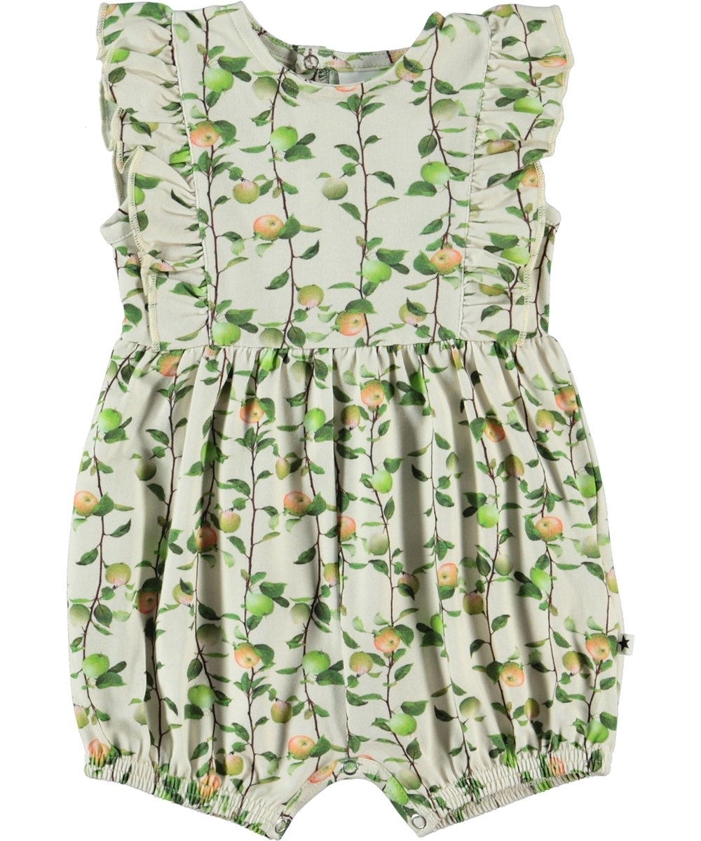 Felicia - Apples Mini - Organic baby romper with ruffles and apple print
