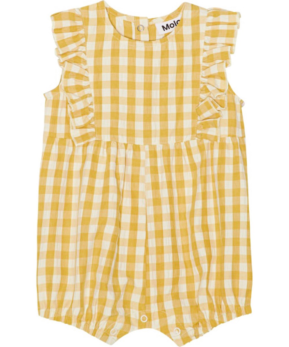 Felicia - Honey Check - White and yellow check baby romper with beautiful ruffle edge on the front and back 