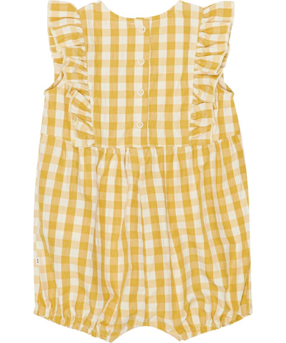 Felicia - Honey Check - White and yellow check baby romper with beautiful ruffle edge on the front and back 