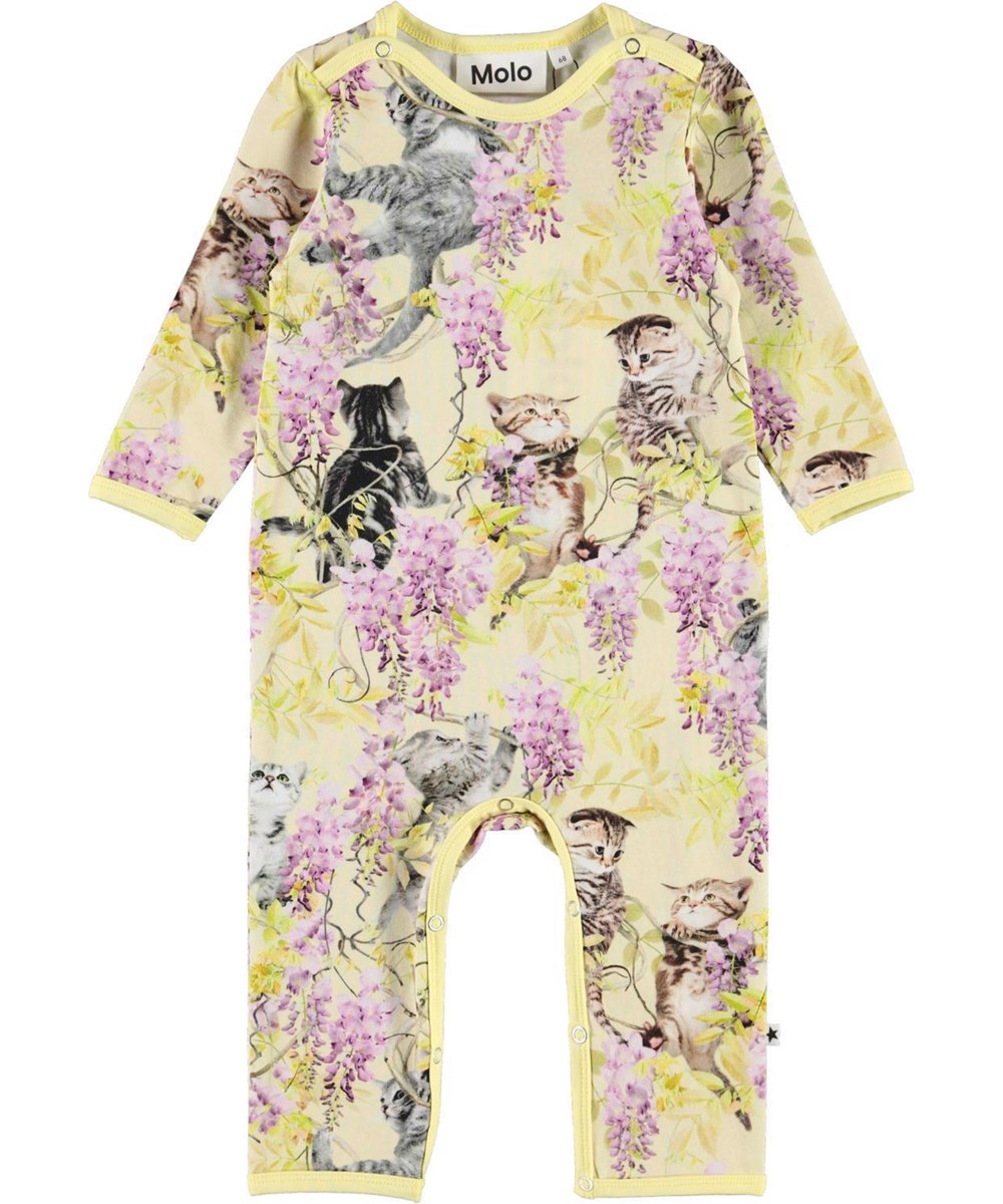 Fenez - Clumsy Cuteness - Yellow organic long sleeve baby bodysuit wisteria kittens 