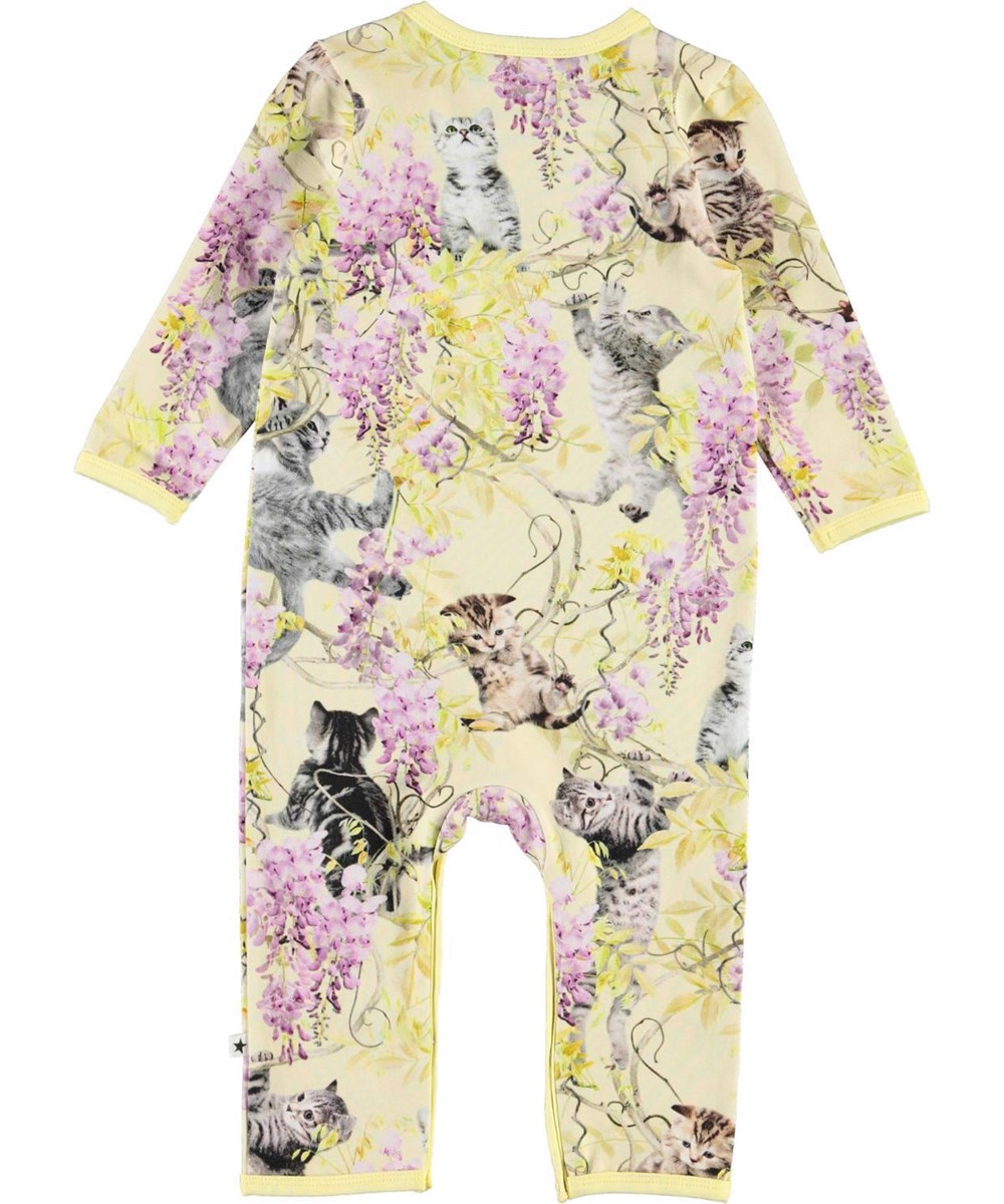 Fenez - Clumsy Cuteness - Yellow organic long sleeve baby bodysuit wisteria kittens 