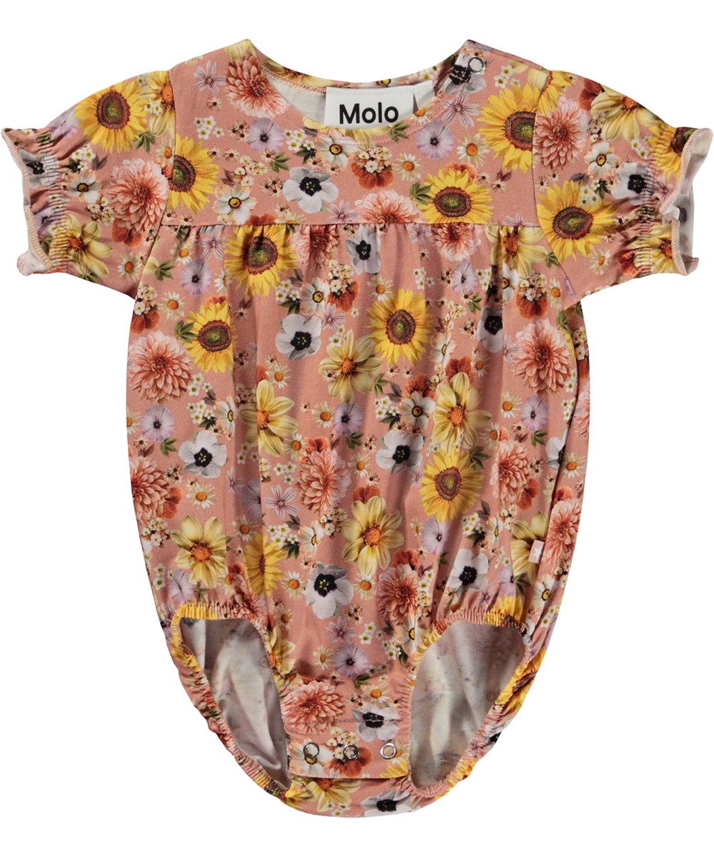 Fie - Mini Floral - Pink organic baby bodysuit with floral print 