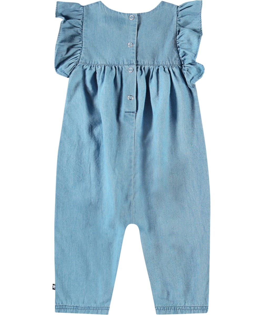 Fifi - Sky Indigo - Light blue chambray jumpsuit in organic cotton for baby.