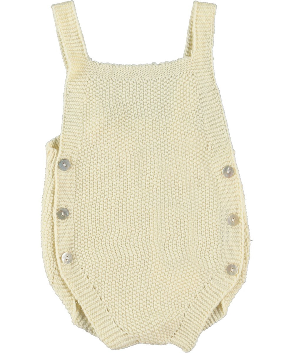 Fleur - Pearled Ivory - Light yellow knit baby romper with straps