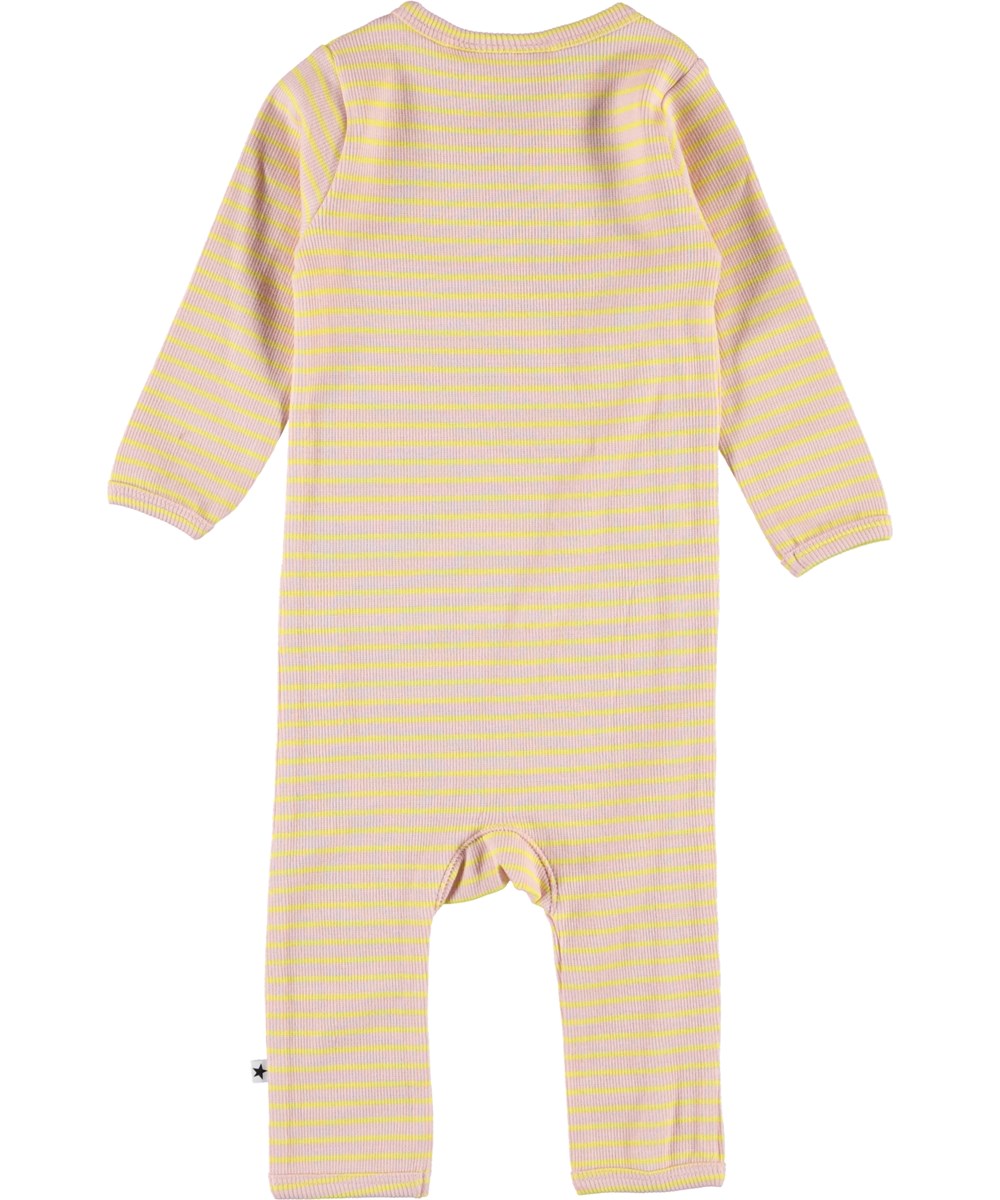 Flora - Powder Acacia Stripe - Baby romper with yellow and pink stripes