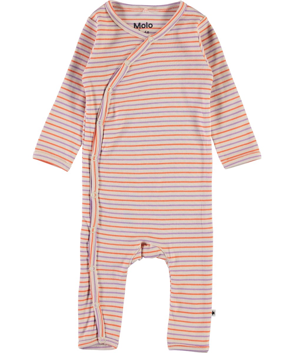 Flora - Purple Orange Stripe - Striped organic baby romper
